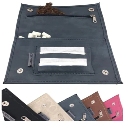 Afbeelding van Tabakstas used Leather touch tabakszak voor draaitabak met vakken filter vloeitjes aansteker (2.) blauw double)