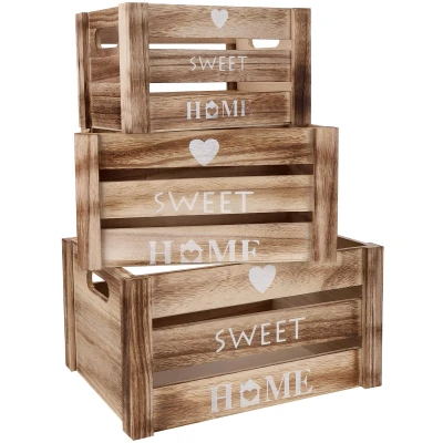Afbeelding van Belle Vous Houten Opslag Kratten met Handvatten (Set van 3) Rustiek Small, Medium &amp; Large Maten Decoratieve Krat Hart, Lieve Huis Mand Display Doos
