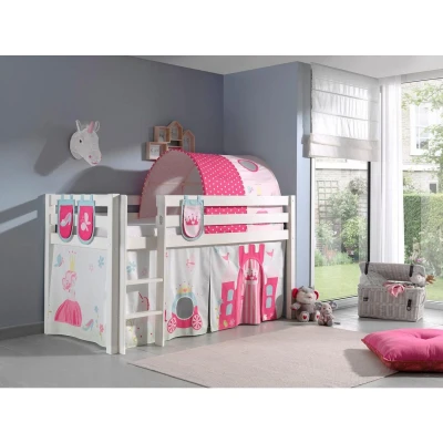 Afbeelding van Vipack Hoogslaperset Pino combo met hoogslaper, speelgordijn 235x0x140cm prinses, zakjes en speeltunnel wit