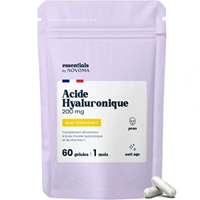 Afbeelding van Zuiver hyaluronzuur in capsules, anti aging werking + rimpel, optimale dosering, 1 maand kuur, hydratatie van de huid, 60 veganistische met vitamine C, gemaakt Frankrijk, Essentials