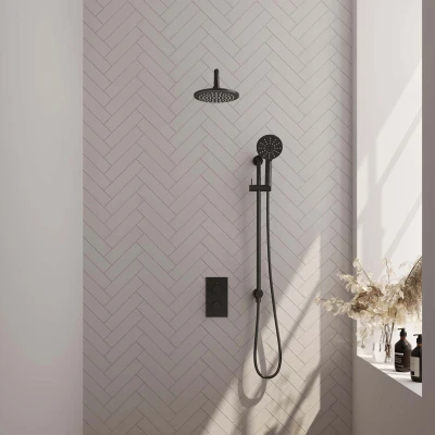 Afbeelding van Brauer Black Edition Regendoucheset inbouw hoofddouche 20cm gladde knop handdouche Rond 3 standen glijstang mat zwart Minimalistisch