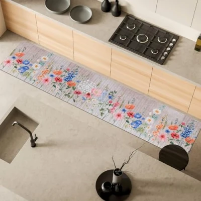 Afbeelding van Comart, Austin Tapijtloper voor keuken en hal, van bedrukt polyester, waterdicht antislip, motief: lentebloemen, 50 x 270 cm, machinewasbaar, duurzaam, vervaardigd in Italië