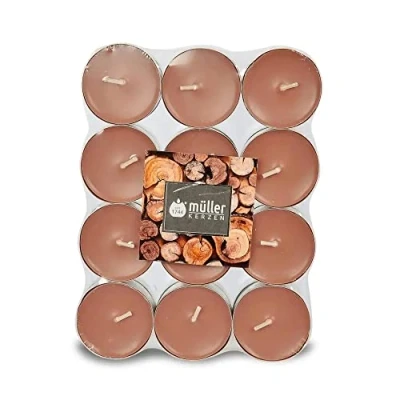 Afbeelding van Müller Theelichtjes Geurkaarsen Sandelhout Geur 39 x 15 mm Brandtijd 4 Uur Bruine Wax Set van 24