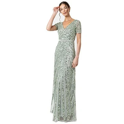 Afbeelding van Maya Deluxe maxi jurk met korte mouwen voor dames, gestreept, versierd, bruidsmeisje, groen, 20