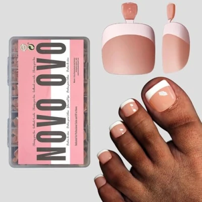 Afbeelding van NOVO OVO Nep teennageltips Press on, Franse tip zachte gel teennagelverlenging, oranje roze vierkante ronde vooraf aangebrachte primer en basislaag, volledige dekking matte kunstnagels voor