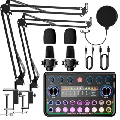 Afbeelding van Audio interface met Podcast MICROFON voor smartphone en pc SINWE uitrusting bundel 2, All in One DJ Mixer, plug and play, perfect streamen, zingen, YouTube gaming