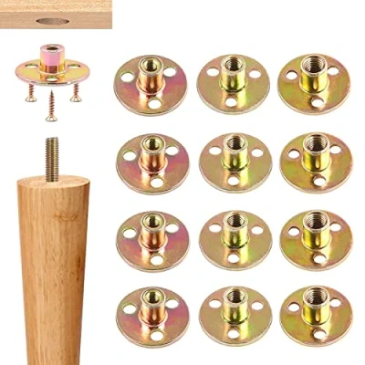 Afbeelding van 12 stuks M10 flensmoeren, T moeren, boorgat, koolstofstaal, ronde basis, inschroefmoeren, meubelbeslag voor bevestiging van verbindingsmeubels