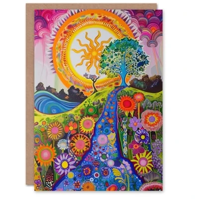 Afbeelding van Artery8 Bright Colourful Hippy Artwork Flowers Sun Trees Greeting Birthday Card Him Her All Blank