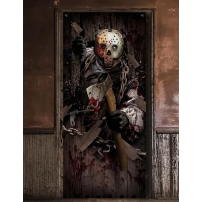 Afbeelding van Fiestas Horror deur scenesetter/deurposter moordenaar met bijl Halloween thema versiering 180 x 80 cm Feestdeurd