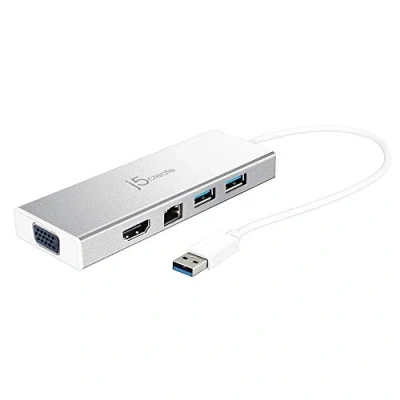 Afbeelding van j5create USB 3.0 Hub met HDMI, VGA, RJ45 Gigabit Ethernet, 2xUSB A 3.1 Snelle gegevensoverdracht voor Mac, Windows, Desktop PC Ondersteunt tot 2K resolutie (JUD380)
