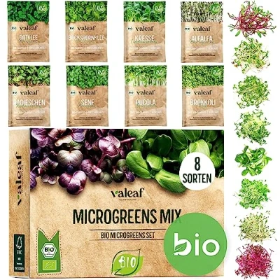 Afbeelding van valeaf BIO microgreens Set I 8 soorten kiemzaden plantset met kiemscheutjes en zaden incl. tuinkerszaad, alfalfa kweekset kit voor kiemen kiemmachine