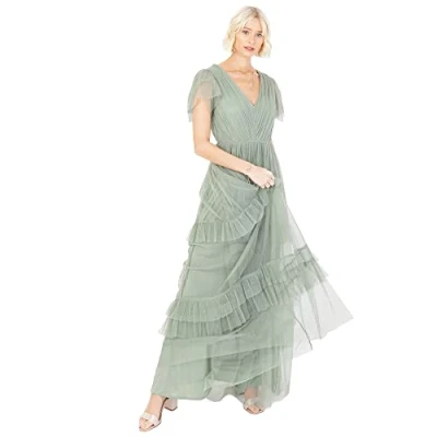 Afbeelding van Anaya with Love Maxi jurk voor dames met korte mouwen, avondjurk, gelaagde V hals, vlinderdas, bruidsmeisje, bruiloft, gast gala, lang, Frosted Groen, 42