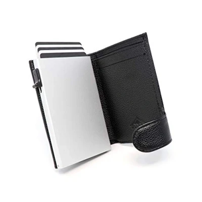 Afbeelding van STEALTH Wallet Slanke Lichtgewicht Minimalistische Kaarthouder Portemonnee Compacte RFID/NFC Blokkerende Pop up Portemonnees Kaarthouders (Zilver Aluminium met Zwart Leer en Broekzak)