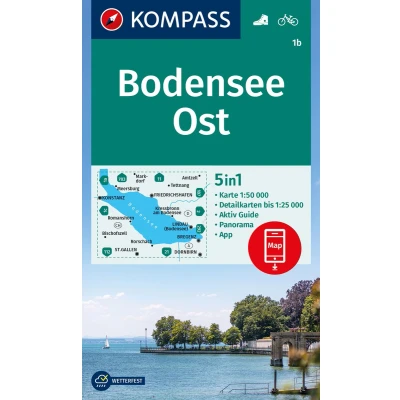 Afbeelding van KOMPASS Wanderkarte 1b Bodensee Ost 1:50.000: 5in1 mit Aktiv Guide, Detailkarten und Panorama inklusive Karte zur offline Verwendung in der App. Fahrradfahren.