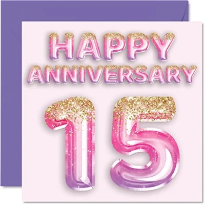 Afbeelding van Mooie kristallen jubileumkaart voor vrouw vriendin man vriend roze paarse glitter ballon gelukkige 15e verjaardag kaarten van familie, 145mm x wenskaarten vijftiende jubilea