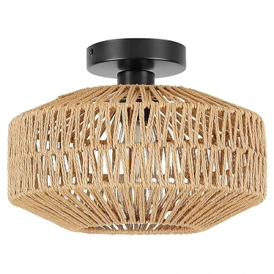 Afbeelding van Rotan Hanglamp, Boho Geweven Lampenkap Plafondlamp Retro E27 Woonkamer Handbewerkte Decoratieve Schaduw Badkamer Voor Slaapkamer Eetkamer Hal Keuken