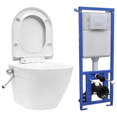 Afbeelding van Hangend toilet randloos met verborgen stortbak keramiek wit