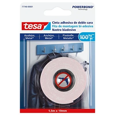 Afbeelding van tesa Dubbelzijdig plakband voor tegels en metaal, bevestiging van voorwerpen tot 10 mm dikte, extra sterk, 100 kg per 1 m plakband, 1,5 x 19