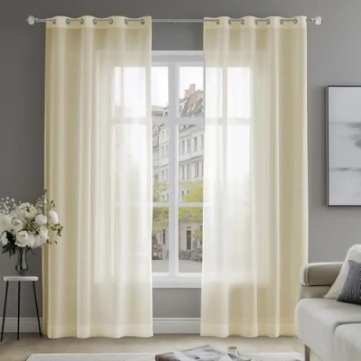 Afbeelding van Deconovo 2 gordijnen met ogen, transparant, woonkamer, raam, interieur, decoratie, slaapkamer, 140 x 245 cm, beige