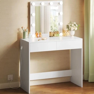 Afbeelding van WOLTU kaptafel met LED verlichting, 3 instelbare helderheid, spiegel, 2 lades, slaapkamerdressoir, wit, 80x132.5x39.5 cm