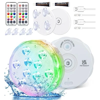 Afbeelding van oplaadbare dompellichten voor zwembaden met afstandsbediening, Waterdichte onderwater batterij 25 kleurveranderende LED&#039;s magneet, drijvende lichten vijverdecoratie (2 set)