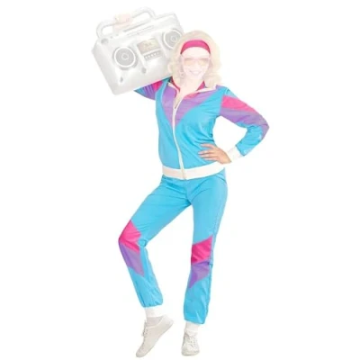 Afbeelding van COM FOUR® Authentiek jaren 80 kostuum voor dames en heren jas, broek, hoofdband, 2 zweetbanden verkleedkleding, carnaval, JGA, themafeest unisex, maat XL