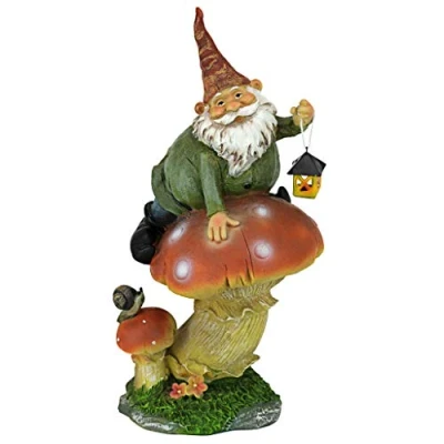 Afbeelding van Design Toscano decofiguur Gnom met lantaarn op paddenstoel, kunsthars