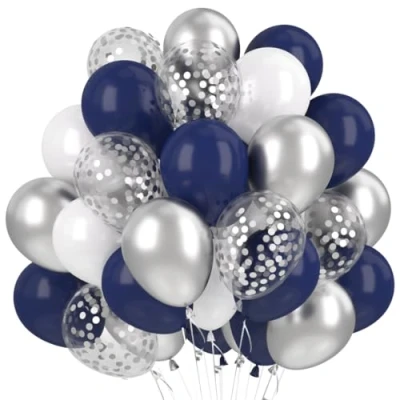 Afbeelding van Ballonnen, marineblauw, 60 stuks, 30 cm, blauw, zilver, confetti, latexballonnen, feestballonnen voor kinderen, jongens, verjaardag, feestdecoratie