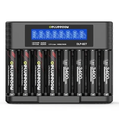 Afbeelding van Delyeepow AA oplaadbare batterijen met oplader, 3400 mWh 1,5 V lithium AA, acculader lcd display, 8 sleuven, snel opladen via USB, 1500 cycli