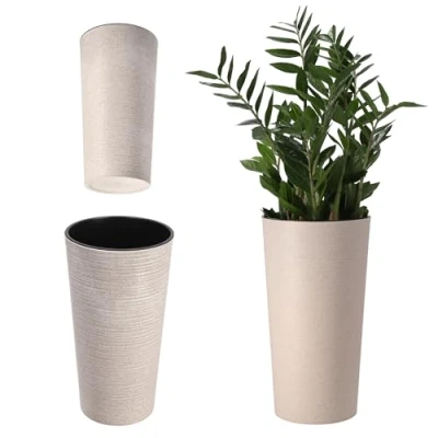 Afbeelding van KADAX bloempot met houtspaanders, elegante uitneembare inzet, bloempotbescherming voor kantoor, bloembak, pot, tuinschaal (diameter 30 cm, crème)