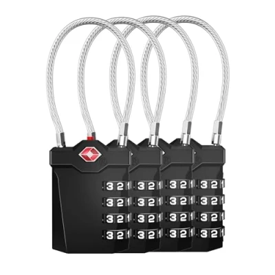 Afbeelding van ZHEGE TSA slot, 4 cijferig, kofferslot, bagageslot, reiskoffer, cijferslot met opening, alarmindicator, kabelslot voor koffer, bagage, tas, locker (4 stuks, zwart)