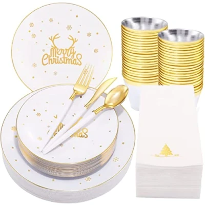 Afbeelding van KAHEIGN 175 stuks herbruikbaar kerst serviesgoed, wit plastic servies met gouden rand 25 dinerborden, slaborden, messen, vorken, lepels, servetten voor gasten kerstfeest