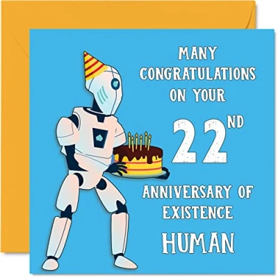 Afbeelding van Grappige 22e verjaardagskaarten voor mannen vrouw Robot Droid Gelukkige verjaardagskaart zoon dochter broer zus kleinzoon kleindochter nichtje neef oom, 145 mm x grap humor plagerij