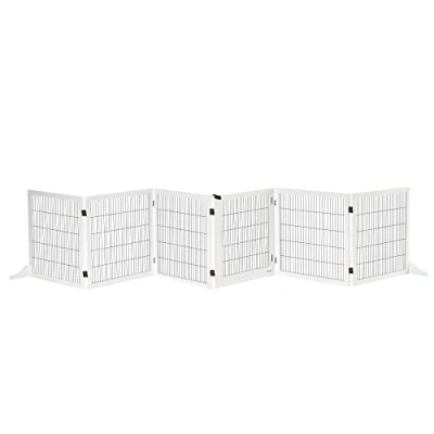 Afbeelding van PawHut Veiligheidsbarrière voor honden, vrijstaand, modulair, opvouwbaar, 6 panelen, 2 poten, houder, grenenhout, 432 x 36 70 cm, wit
