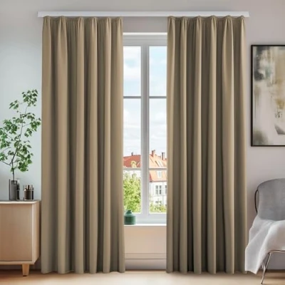 Afbeelding van Deconovo Verduisteringsgordijnen, taupe, 140 x 138 cm, modern design, gordijn, slaapkamer, meisjes, kinderen, woonkamer, plooiband, eetkamer, 2 stuks