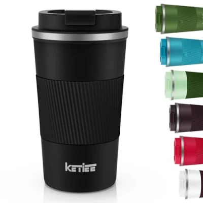 Afbeelding van Reismokken, KETIEE 510ml geïsoleerde koffiebeker met lekvrij deksel, herbruikbare koffiebekers reisbeker, koffiemok dubbelwandige koffiemok, roestvrijstalen thermische mok voor warme koude dranken, zwart