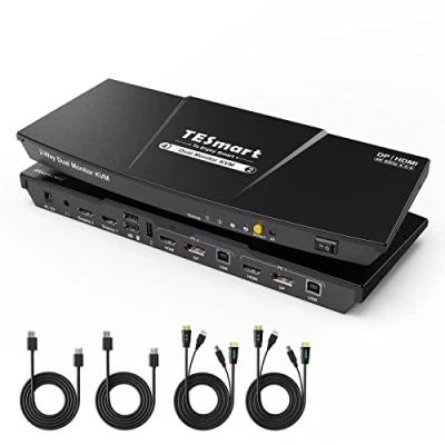 Afbeelding van TESmart dual monitor 2 poorts KVM switch, 2x2 HDMI + DP switch 4K 60Hz UHD met stuks 1,5 m kabel, audio uitgang en USB release