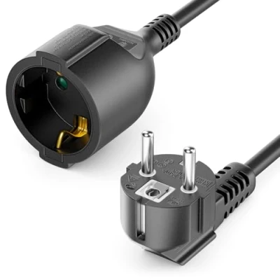 Afbeelding van deleyCON 20m Verlengkabel Stroomkabel Voedingskabel Verlenging Veiligheidsstekker Type F (CEE 7/4) met Hoek van 90 naar Connector 7/3) Contactbeveiliging TV PC Computer Beamer Zwart
