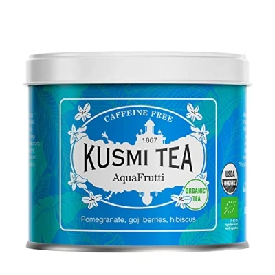 Afbeelding van Kusmi Tea Infusion Bio AquaFrutti Gearomatiseerde Hibiscus &amp; Fruit Mix Appel, Granaatappel, Goji Bessen Kan warm of met ijs gedronken worden Infuus zonder Theïne, in Bulk 100g Metalen Blik