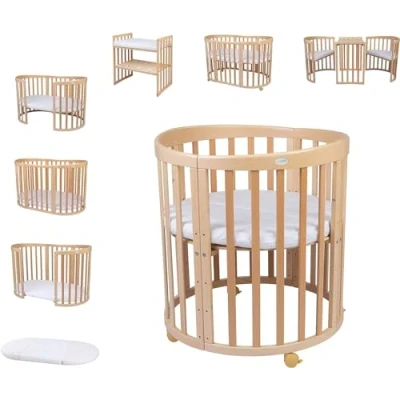Afbeelding van Multifunctioneel OVAAL 7 in 1 Babybed / peuterbed incl. matras Natural