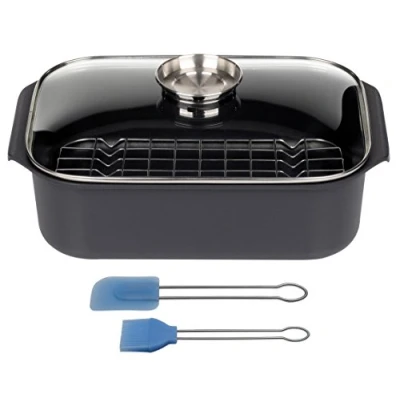 Afbeelding van GSW 410908 Gourmet Rechthoekige braadpan met grilleinzet 40x26x11cm / ca. 8,0 liter incl. bakborstelset 2 delig, gegoten aluminium, zwart, 40 cm, 5 eenheden