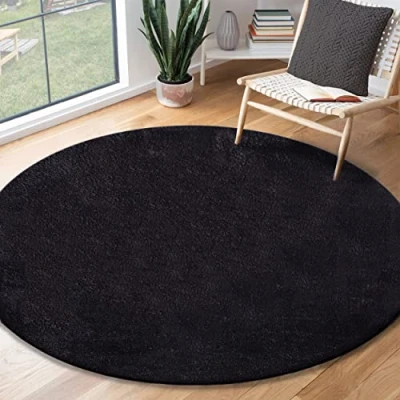 Afbeelding van the carpet relax Moderne pluizige kortpolige tapijt, antislip onderkant, wasbaar tot 30 graden, superzacht, bontlook, Zwart, 120 cm Rond
