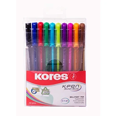 Afbeelding van Kores K1: Gekleurde balpen, 1 mm Medium Point Biro met veegvaste inkt, verpakking van 10 stuks in verschillende kleuren