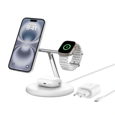Afbeelding van Belkin BoostCharge Pro 3 in 1 draadloze laadstandaard met Qi2 (15W), compatibel MagSafe, wireless charger voor de iPhone 16/15/14/13/12, AirPods, Apple Watch en meer, incl. voedingsadapter Wit