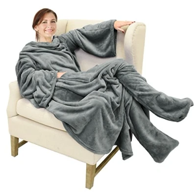 Afbeelding van Catalonia TV deken, knuffeldeken met mouwen en voeten, professionele full body om aan te trekken, voor volwassenen, vrouwen mannen, cadeau, 190 x 135 cm, grijs