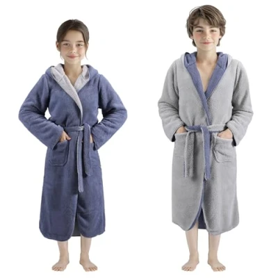 Afbeelding van HOMELEVEL Sherpa omkeerbare kinderbadjas voor jongens en meisjes Blauw Maat 146/152
