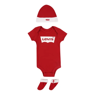 Afbeelding van Levi&#039;s Kids Classic Batwing Infant Hat, Bodysuit, Bootie Set 3 stuks 0019 uitrustingsset, voor baby&#039;s en peuters baby meisjes, Red, 6 12 Maanden