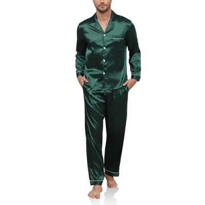 Afbeelding van Reliwel pyjama heren lange satijnen set tweedelige mouwen knoopsluiting huispak en pyjamabroek zijden nachtkleding mannen sleepwear loungewear, groen, XL