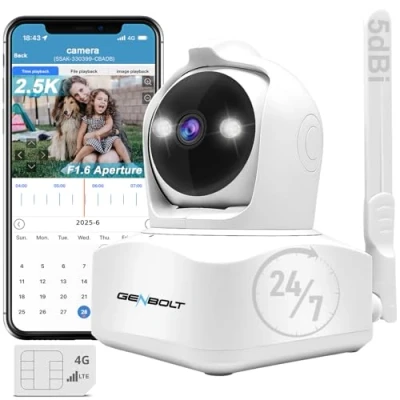 Afbeelding van GENBOLT 3G/4G LTE Beveiligingscamera Binnen met Simkaart, 2.5K Spotlight Bewakingscamera Geen WiFi, Cellulaire CCTV IP Camera Humanoid Detectie, Pan/Tilt Automatisch Volgen Kleuren Nachtzicht