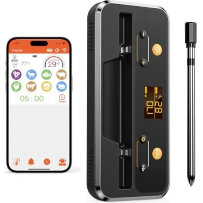 Afbeelding van Vleesthermometer Draadloos, Apkezel Bluetooth Grillthermometer met App, IP67 Waterdichte Braadthermometer Vleesgrillthermometer voor Ovengrill Roker Rotisserie Airfryer